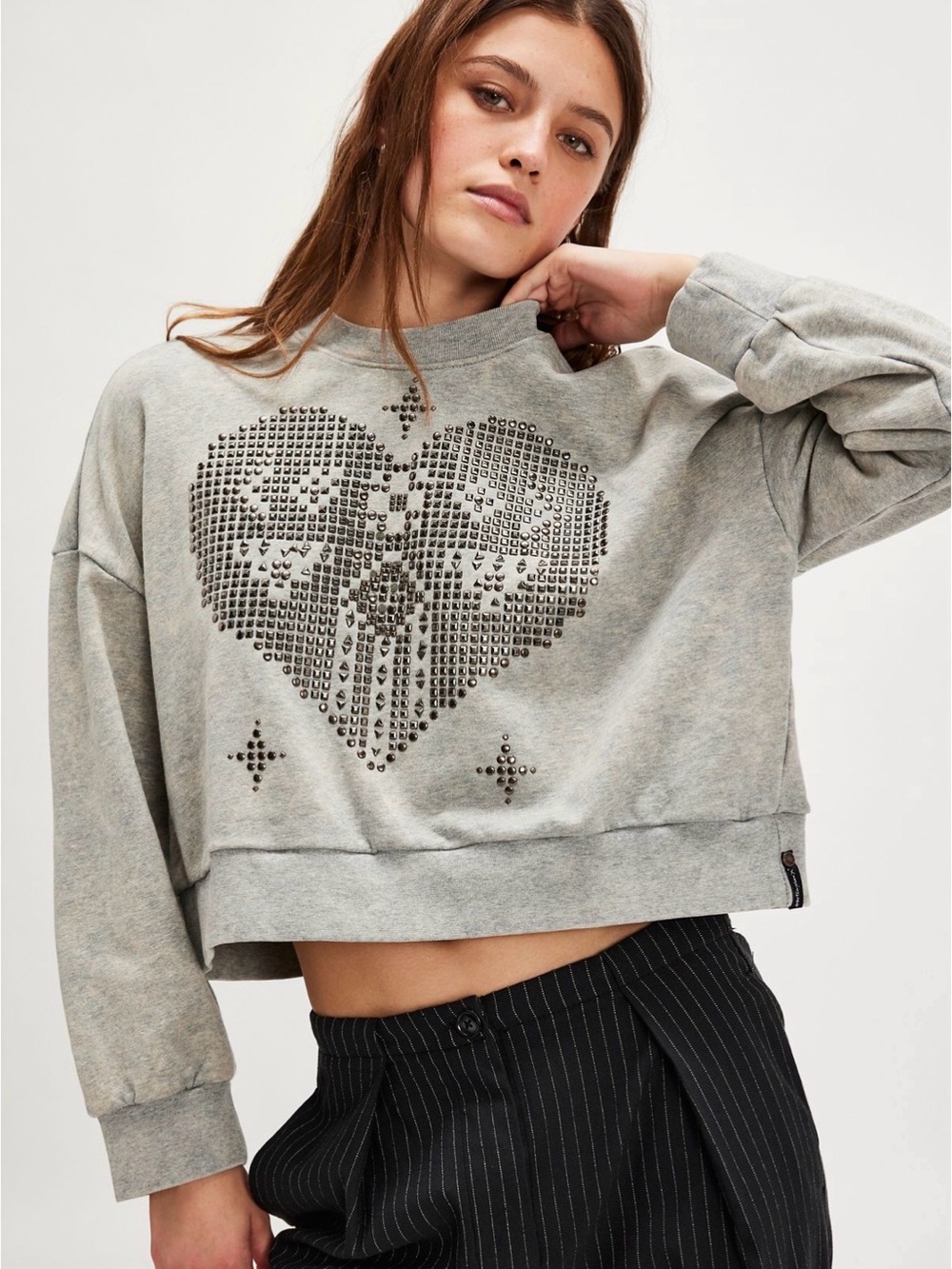NWT One Teaspoon Gray Washed Studded Heart Crop Sweatshirt